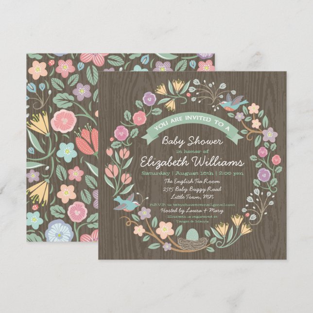 Convite de Chuvada de Bebê com Coroa Floral da Flo (Frente/Verso)