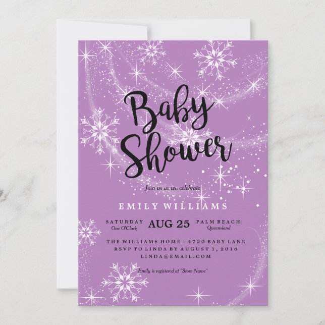 Convite de Chuvada de Bebê com Floco de Neve Roxo  (Frente)