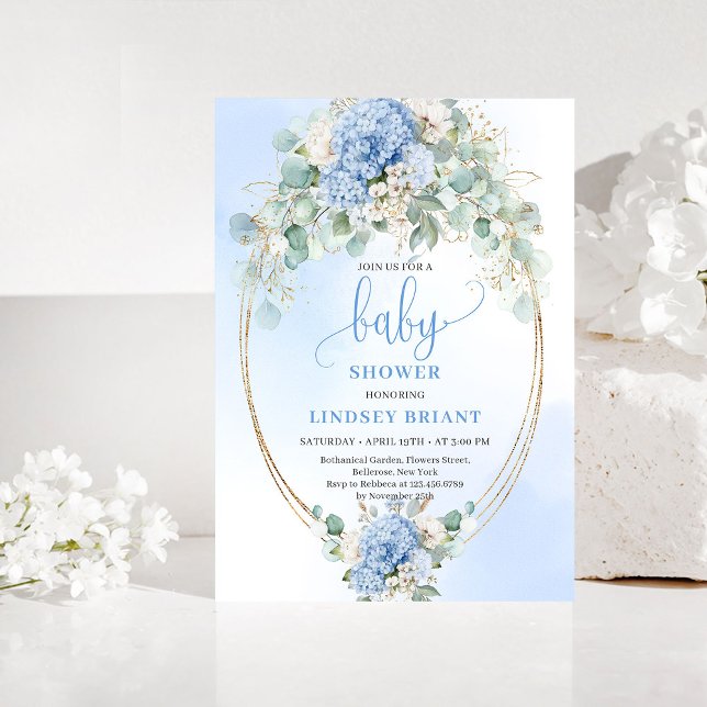 Convite de Chuvada de Bebê com Floral Azul Sofisti (Sophisticated Blue Floral Baby Shower Invitation)