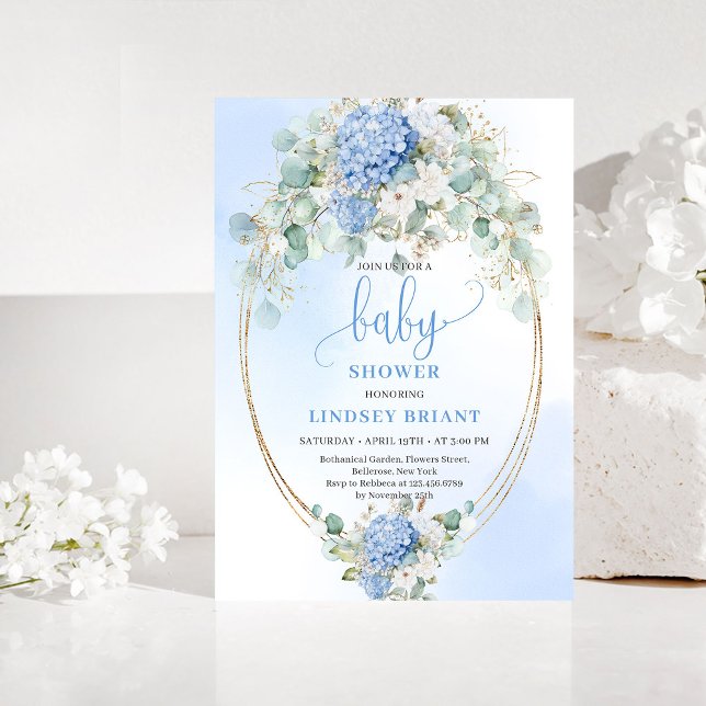 Convite de Chuvada de Bebê com Hortênsias Azuis Re (Refined Blue Hydrangeas Baby Shower Invitation)