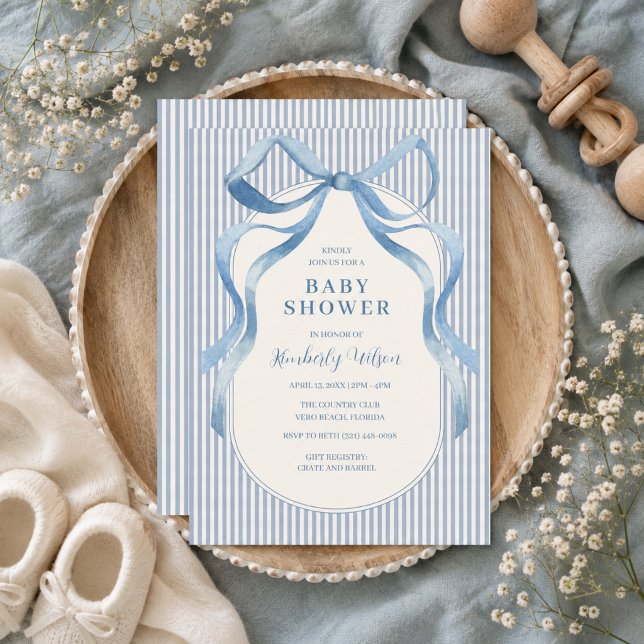 Convite de Chuvada de Bebê com Laço de Fita Azul  (Blue Ribbon Bow Stripe Baby Shower Invitation)
