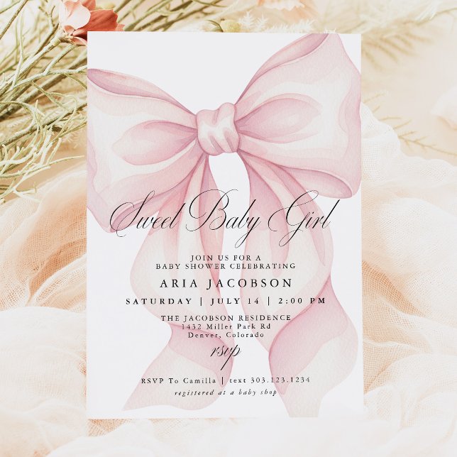 Convite de Chuvada de Bebê com Laço Rosa, Doce Beb (Sweet Baby Girl Blush Pink Coquette Bow Baby Shower Invitation)