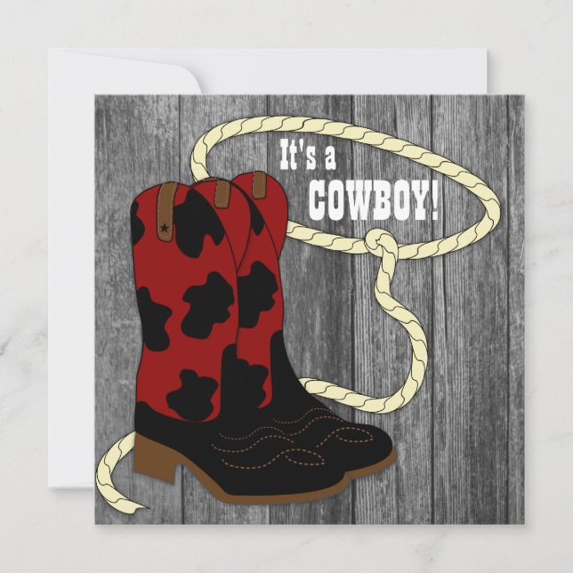 Convite de Chuvada de Bebê Cowboy em Madeira Rústi (Frente)