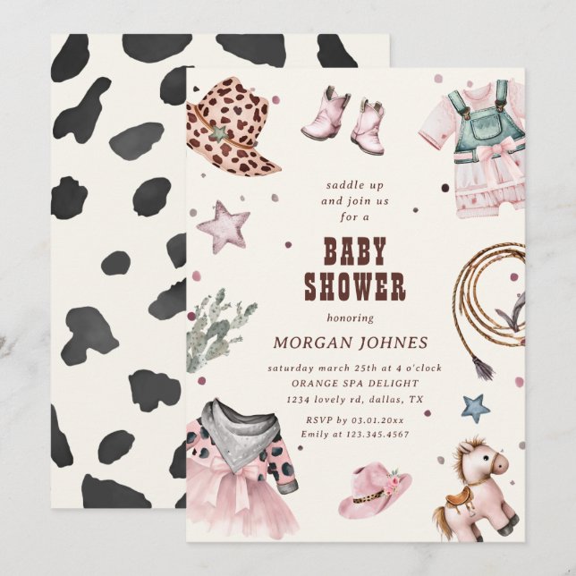 Convite de Chuvada de Bebê Cowgirl Rosa Western Ro (Frente/Verso)
