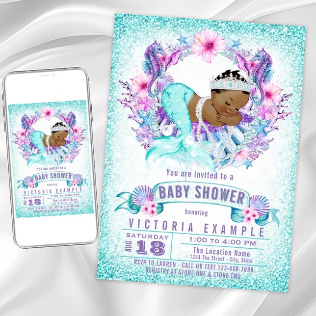 Convite de Chuvada de Bebê de Bebê Sereia Étnica (Adorable mermaid baby shower invitation. Instant download and printed invitations available.)