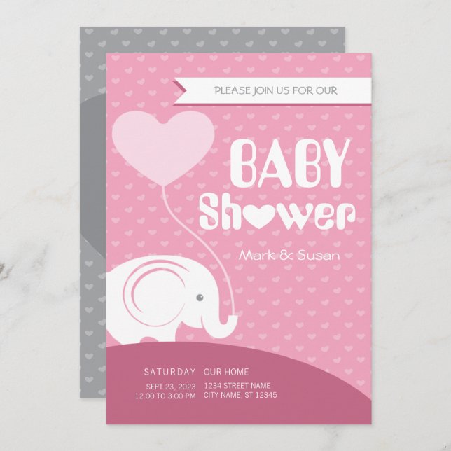 Convite de Chuvada de Bebê de Elefante Bebê para B (Frente/Verso)