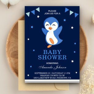 Convite de Chuvada de Bebê de Pinguim Azul Fofo