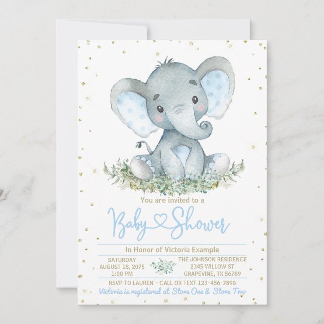 Convite de Chuvada de Bebê Elefante Azul Dourado M (Frente)