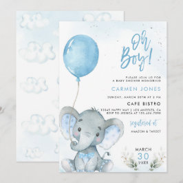 Convite de Chuvada de Bebê Elefante com Balão Azul
