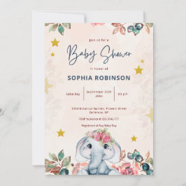Convite de Chuvada de Bebê Elefante Floral Fofo