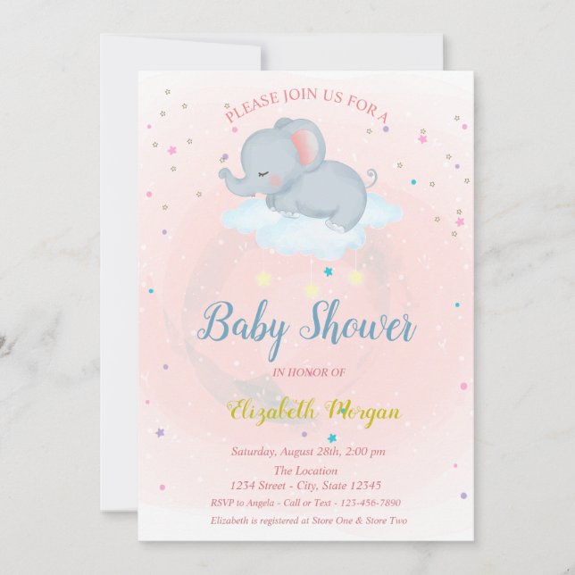 Convite de Chuvada de Bebê Elefante Fofo, Nuvem, E (Frente)