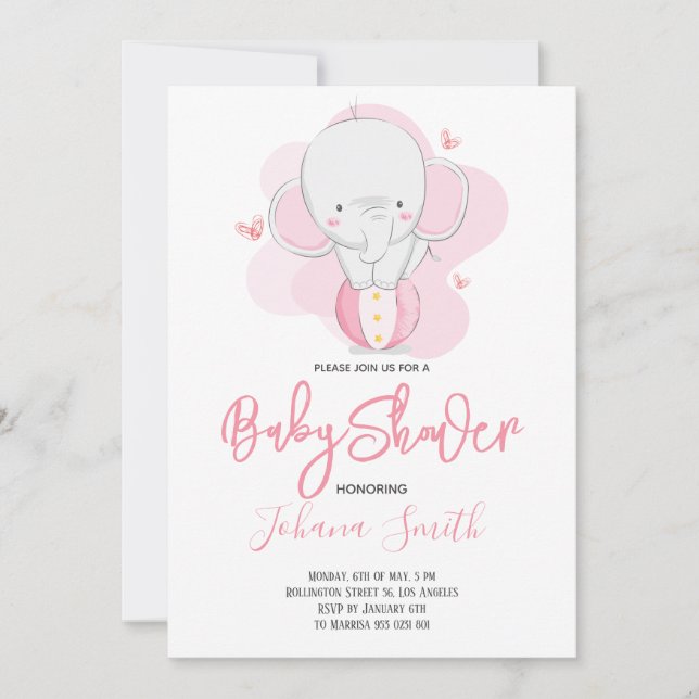 Convite de Chuvada de Bebê Elefante Menina (Frente)