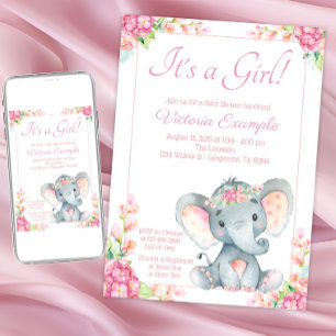 Convite de Chuvada de Bebê Elefante Menina Floral