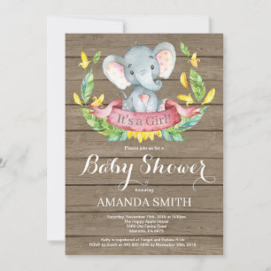 Convite de Chuvada de Bebê Elefante Menina Rústica