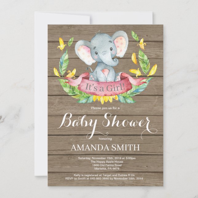 Convite de Chuvada de Bebê Elefante Menina Rústica (Frente)