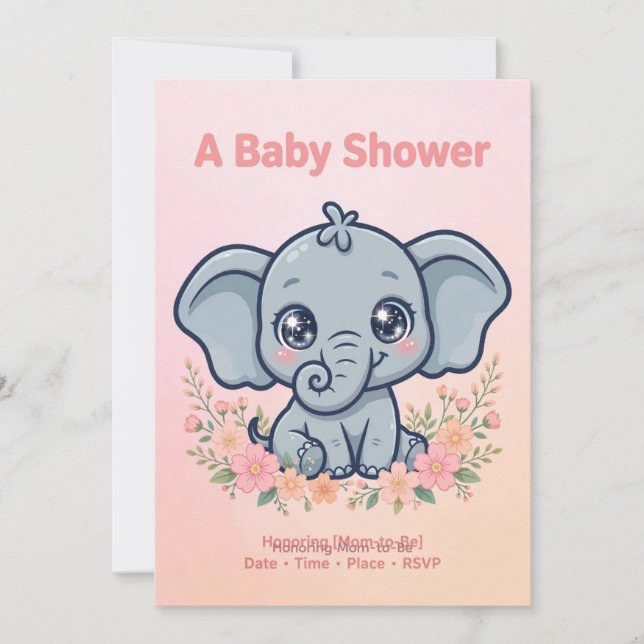 Convite de Chuvada de Bebê Elefante Rosa (Frente)