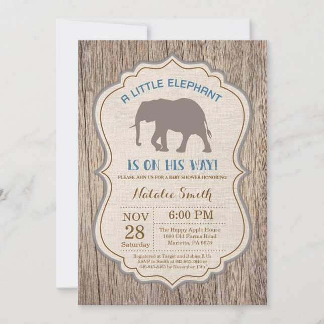 Convite de Chuvada de Bebê Elefante Rústico Menino (Frente)