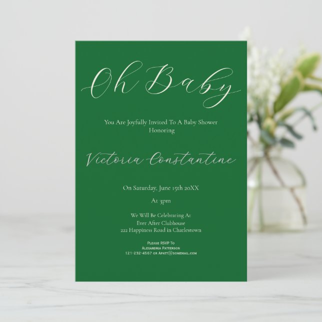 Convite de Chuvada de Bebê Elegante Verde Floresta (Em pé/Frente)