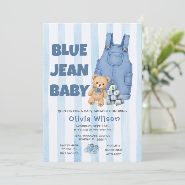 Convite de Chuvada de Bebê em Azul Jeans (Em pé/Frente)