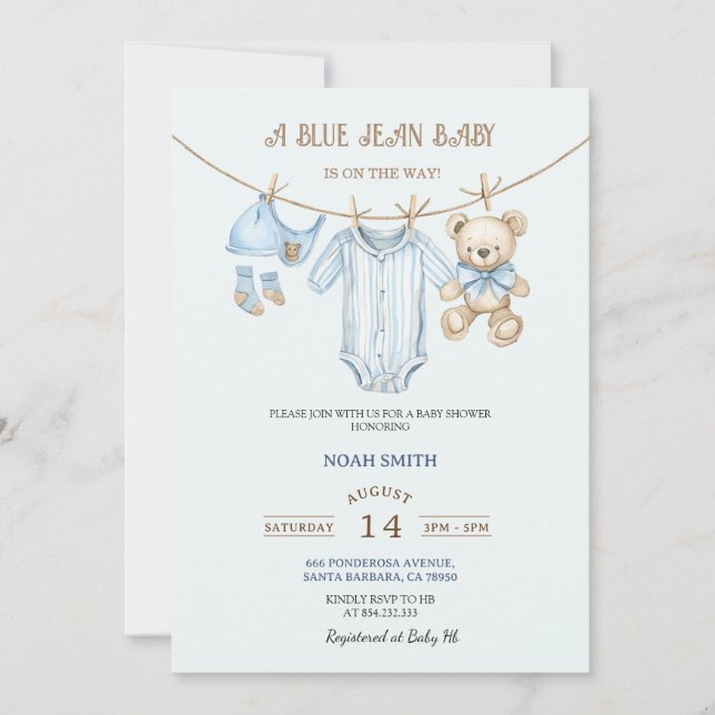 Convite de Chuvada de Bebê em Jeans Azul | Urso &  (Frente)