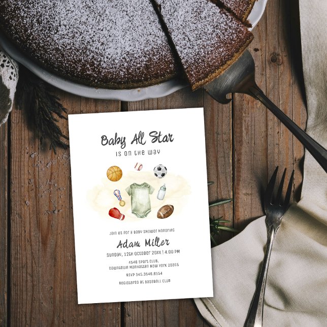 Convite de Chuvada de Bebê Esportes Estrela de Aqu (Watercolor All Star Sports Baby Shower Invitation)