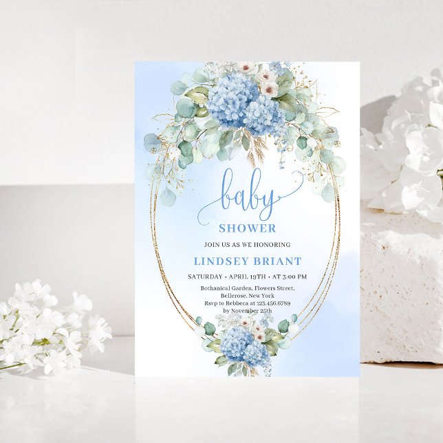 Convite de Chuvada de Bebê Floral Azul Boho Mínimo (Minimal Boho Blue Floral Baby Shower Invitation)