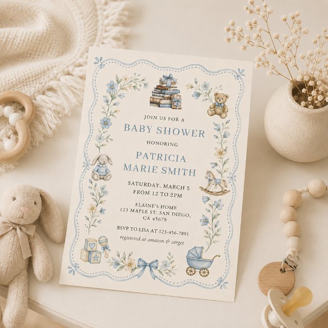 Convite de Chuvada de Bebê Floral Azul de Berçário (Criador carregado)