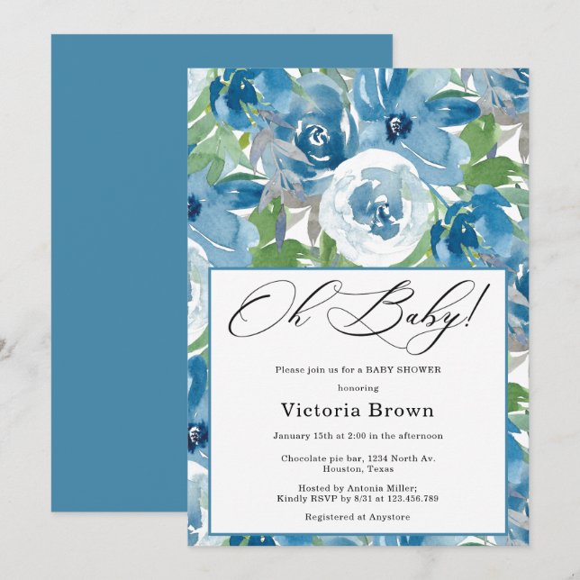 Convite de Chuvada de Bebê Floral Azul Oh Baby (Frente/Verso)