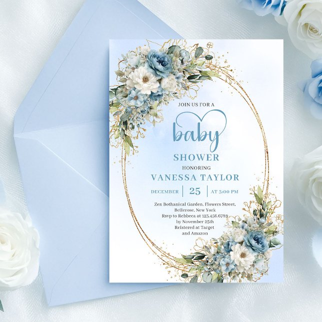 Convite de Chuvada de Bebê Floral Azul Pastel Boho (Boho Pastel Blue Floral Baby Shower Invite.............)