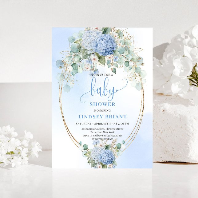 Convite de Chuvada de Bebê Floral Azul Suave Doura (Soft Blue Floral Baby Shower Invitation Gold)