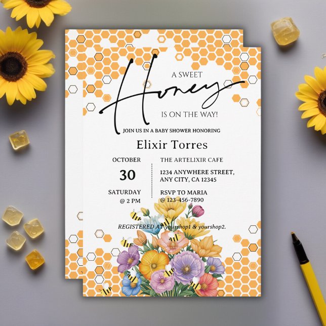 Convite de Chuvada de Bebê Floral Doce Abelha (Criador carregado)