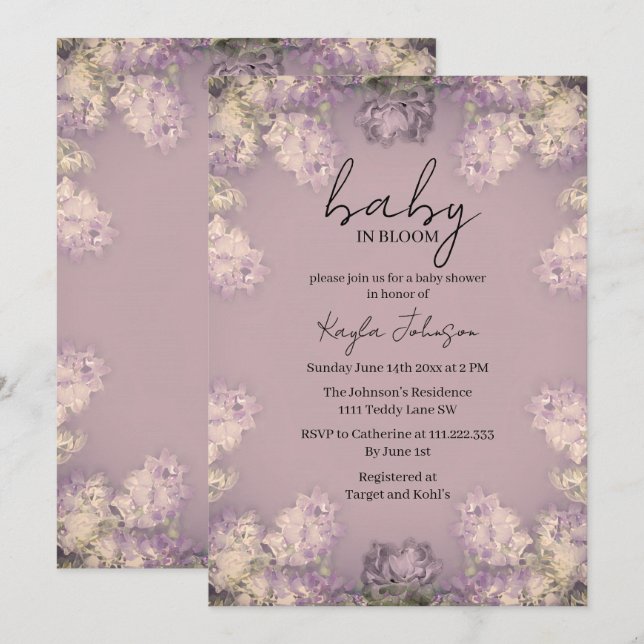 Convite de Chuvada de Bebê Floral Lilás (Frente/Verso)