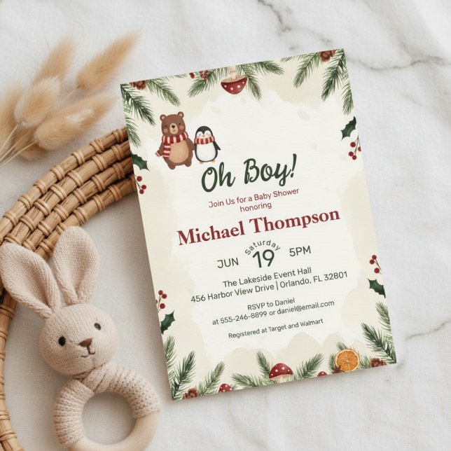 Convite de Chuvada de Bebê Floresta de Inverno Oh  (Celebrate a little boy on the way with this charming woodland winter baby shower design)