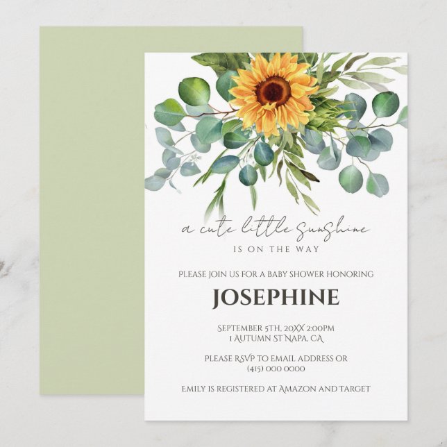 Convite de Chuvada de Bebê Girassol Sol (Frente/Verso)