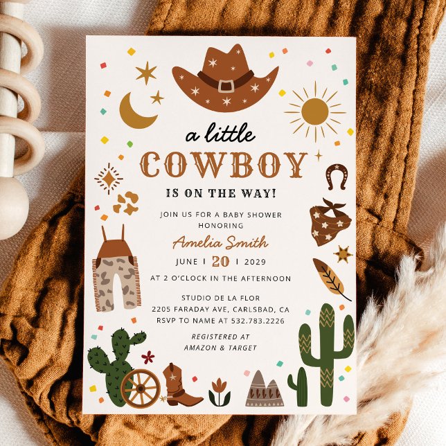 Convite de Chuvada de Bebê Little Cowboy Western (Little Cowboy Western Baby Shower Invitation, terracotta wild west baby boy shower invite, rodeo)