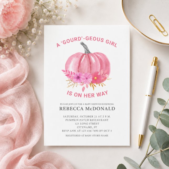 Convite de Chuvada de Bebê Menina Abóbora Rosa (Add name & event details to personalize for your Baby Shower)