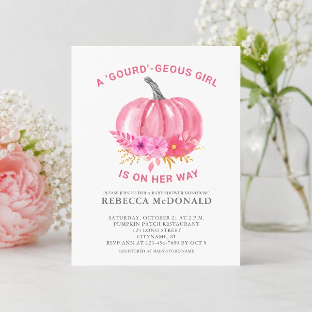 Convite de Chuvada de Bebê Menina Abóbora Rosa (Add name & event details to customize your baby shower invitation.  Matching items available )