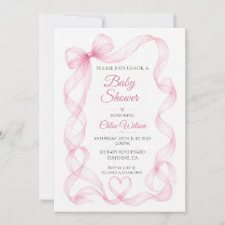 Convite de Chuvada de Bebê Menina com Laço Rosa e