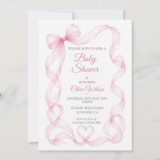 Convite de Chuvada de Bebê Menina com Laço Rosa e  (Frente)