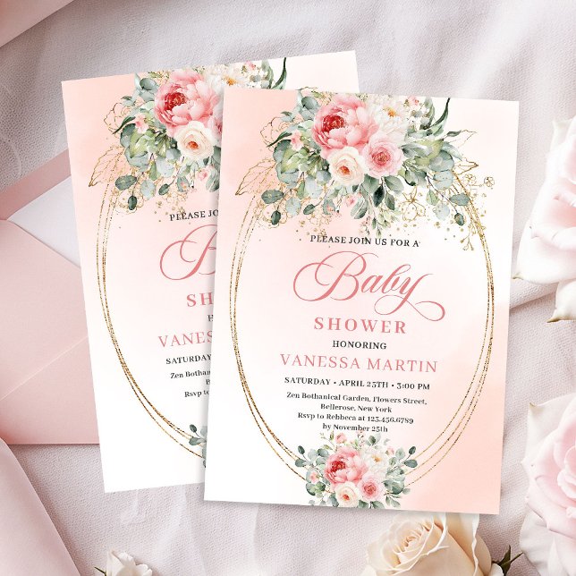 Convite de Chuvada de Bebê Menina com Rosas Blush  (Trendy Blush Roses Gold Baby Shower Invitation Girl)