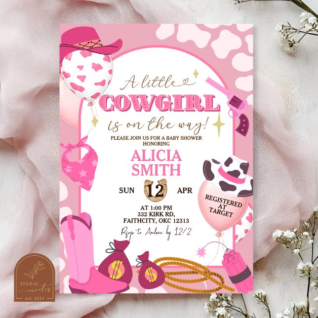 Convite de Chuvada de Bebê Menina Cowboy Rosa (Criador carregado)