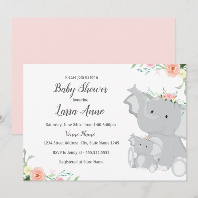Convite de Chuvada de Bebê Menina Elefante Bebê (Frente/Verso)