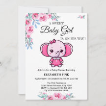 Convite de Chuvada de Bebê Menina Elefante Rosa Fl