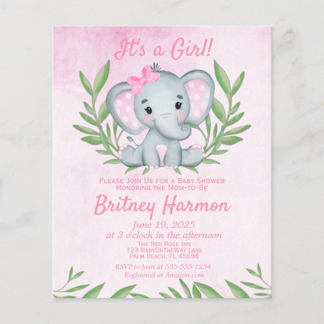 Convite de Chuvada de Bebê Menina Elefante Rosa Or (Frente)