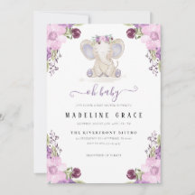 Convite de Chuvada de Bebê Menina Elefante Roxo