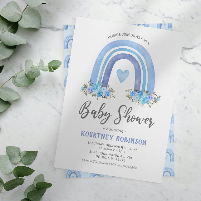 Convite de Chuvada de Bebê Menino Azul Boho Arco-Í (Criador carregado)