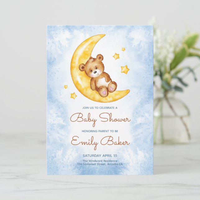 Convite de Chuvada de Bebê Menino Azul Boho Urso d (Em pé/Frente)