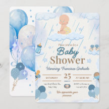 Convite de Chuvada de Bebê Menino Azul com Balões 
