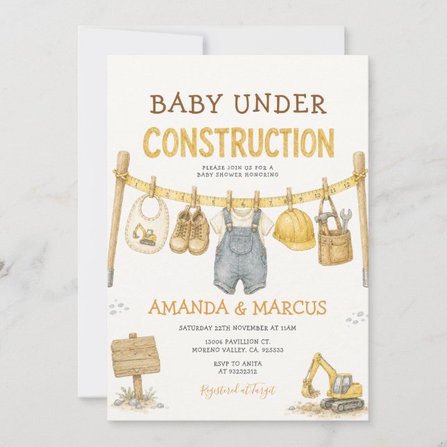 Convite de Chuvada de Bebê Menino Bebê em Construç (Frente)