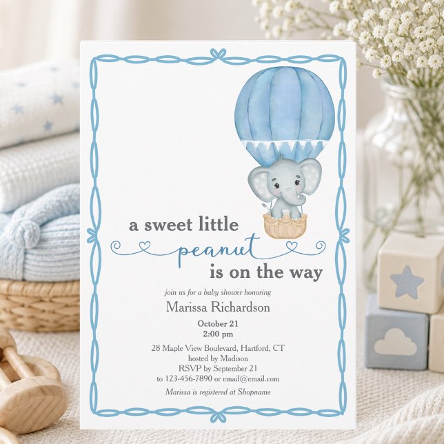 Convite de Chuvada de Bebê Menino Elefante Azul (cute sweet little peanut blue hot air balloon elephant baby boy shower custom invitation)